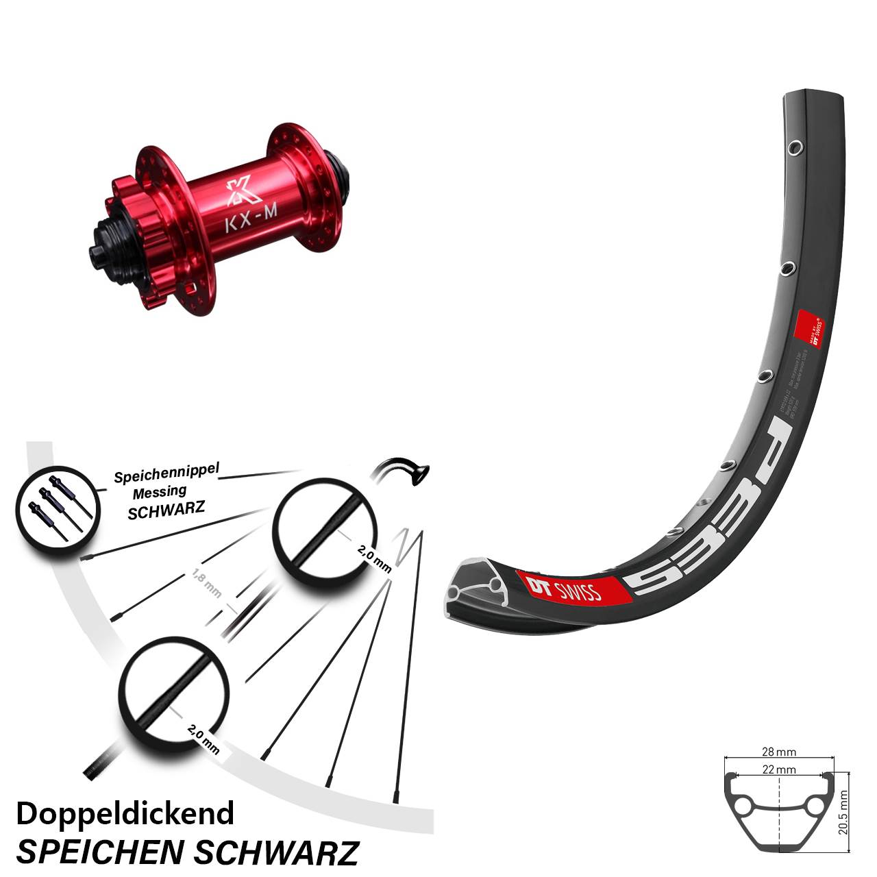 Laufrad 26 Zoll DT Swiss 533D Disc KX-M 6-Loch 5/100 rot