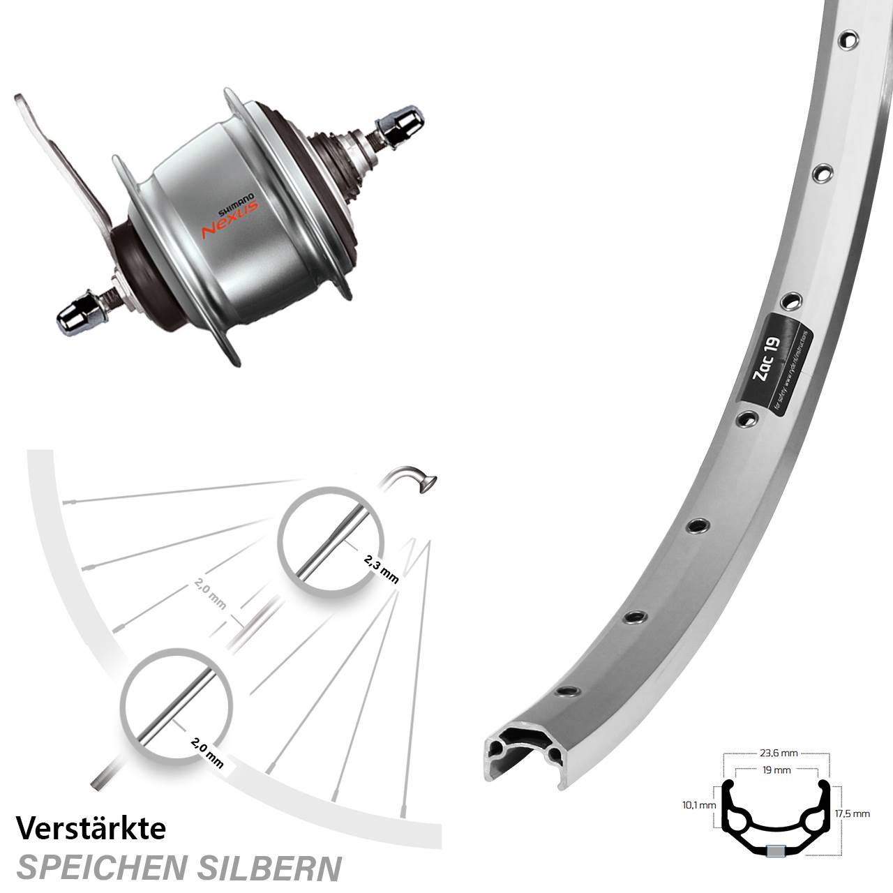 26 Zoll Ryde Zac 19 Shimano Nexus 8 Gang Hinterrad mit Rücktrittbremse