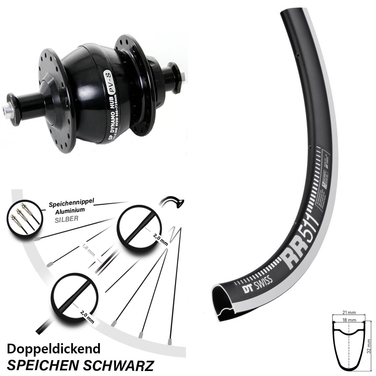 Vorderrad mit Nabendynamo QR 28 Zoll DT Swiss RR 511 Shutter Precision PV-8