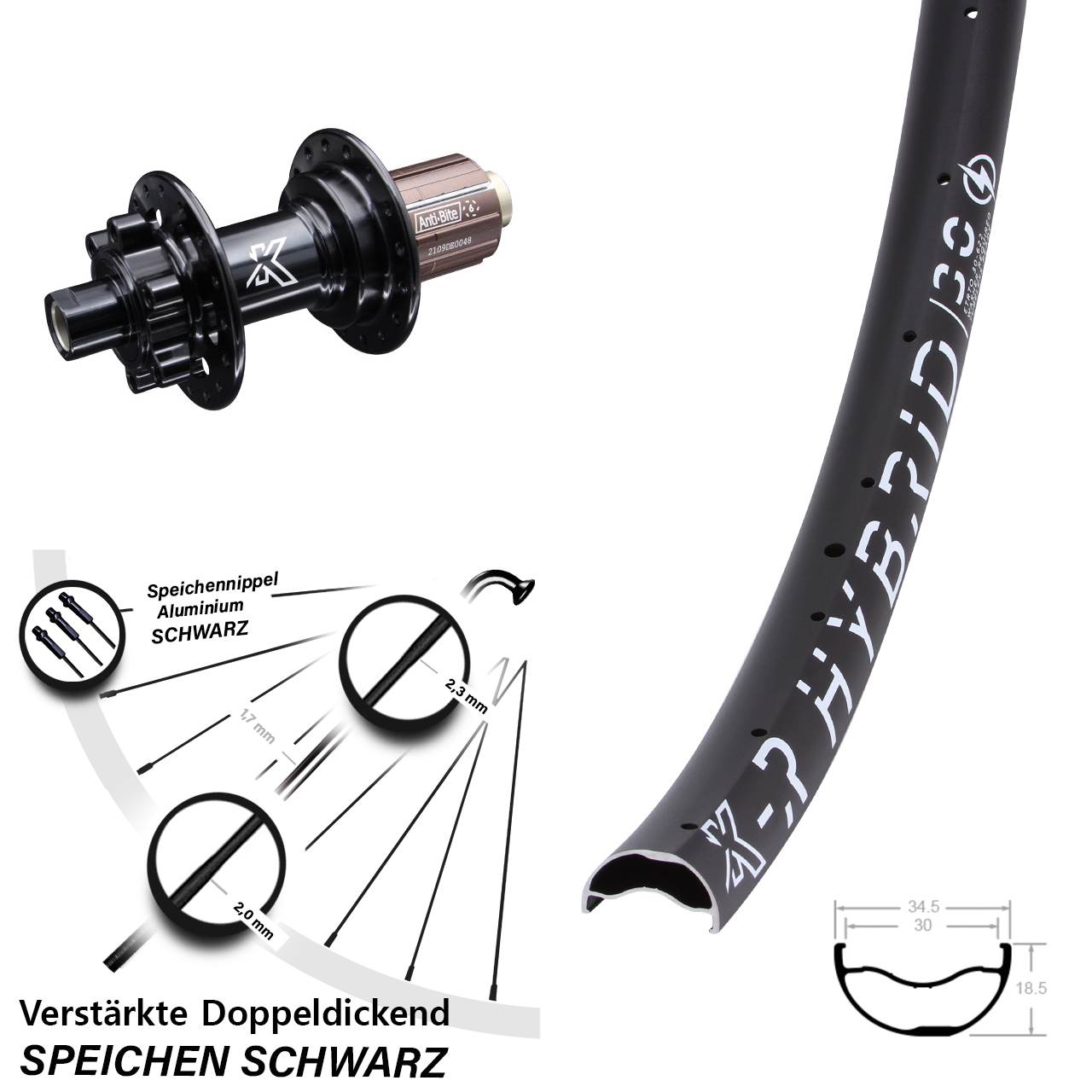 Hinterrad 29 Zoll KX-MR Hybrid 30 Disc Shimano 8-12 fach 12x142