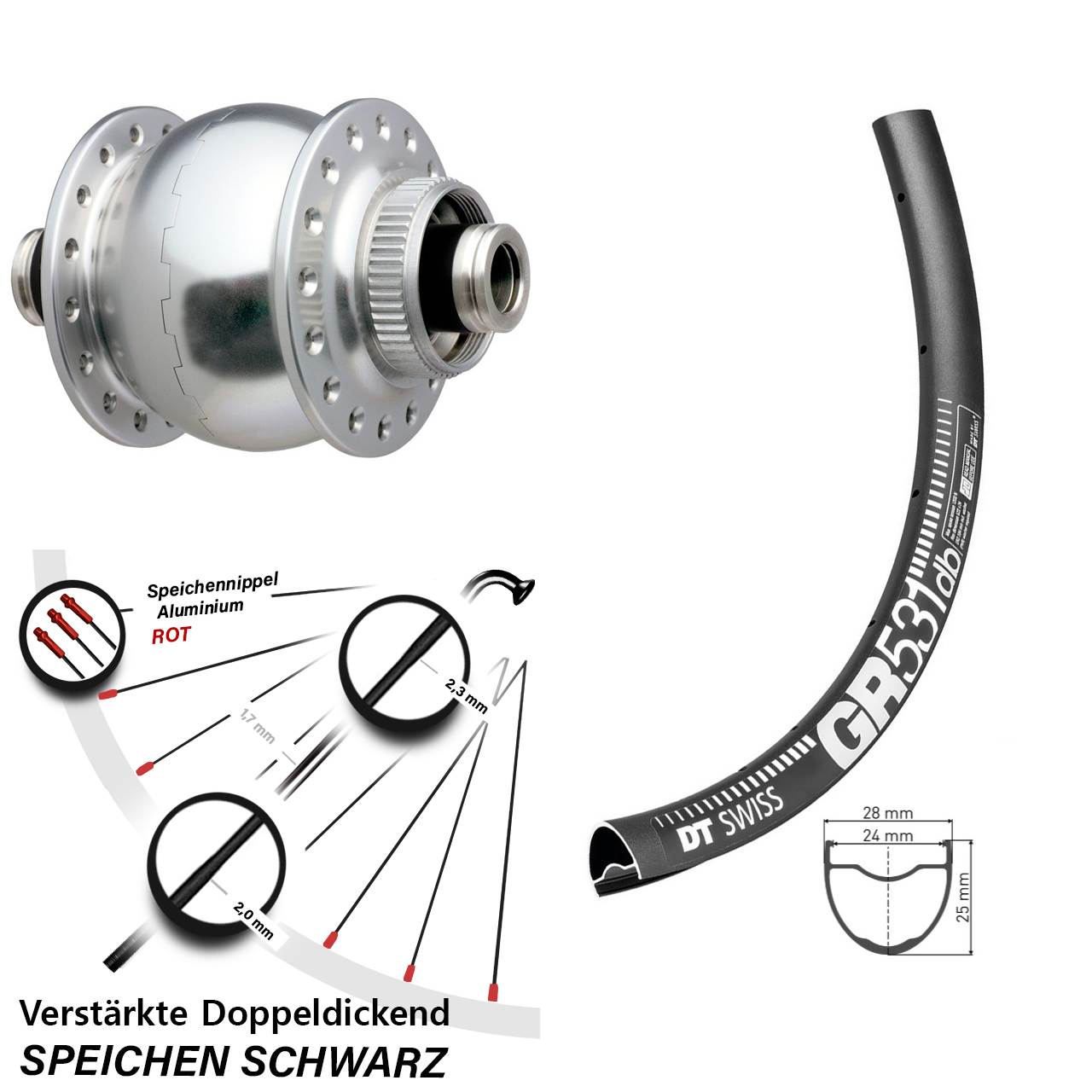 verstärktes Nabendynamolaufrad SON 28 DT Swiss GR 531 DB Disc 27,5 Zoll