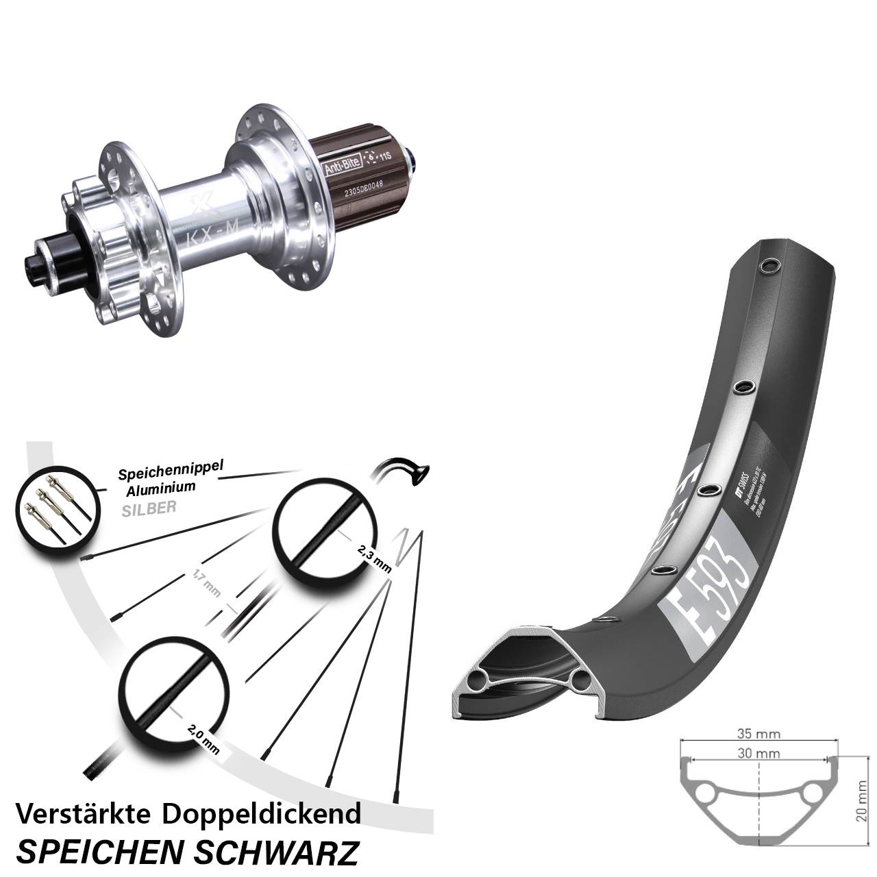 DT Swiss E 593 KX-M 29 Zoll 6-Loch Hinterrad für Schnellspanner 8-12 fach
