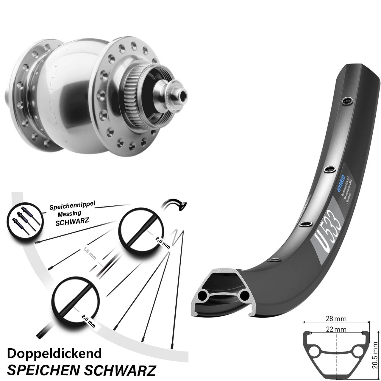 SON 28 silbern DT Swiss U 533 650B Nabendynamovorderrad Centerlock QR