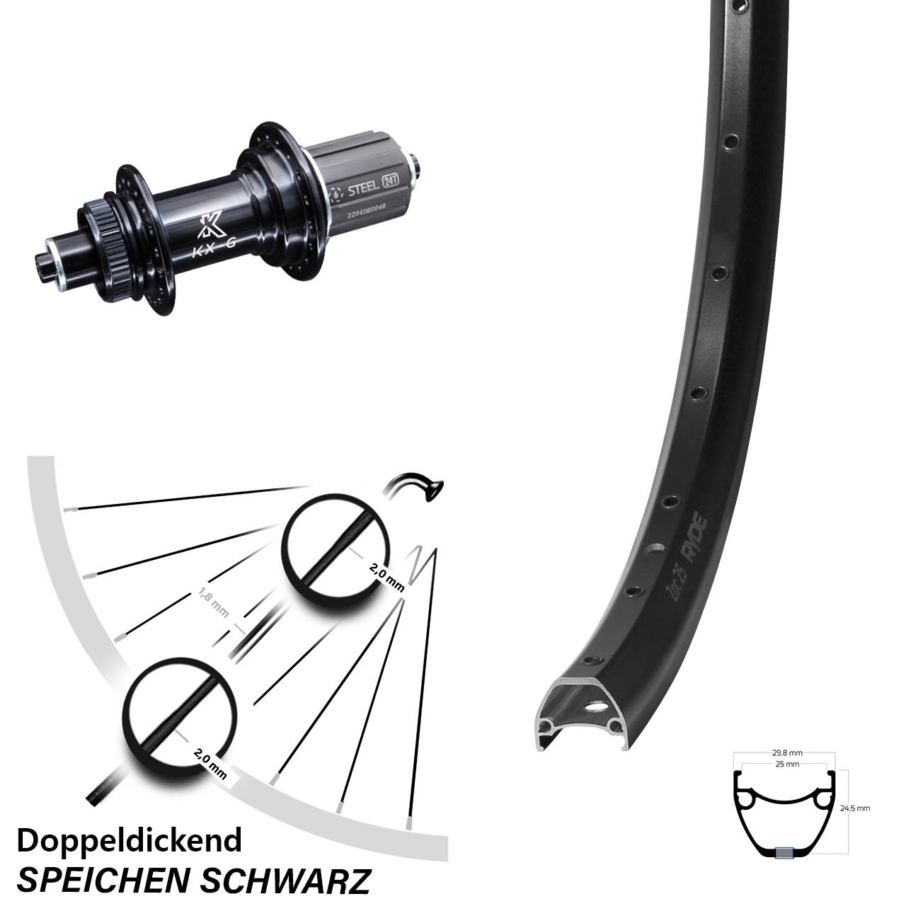 Hinterrad 28-29 Zoll Ryde ZAC 25 KX-GS 5x135 Centerlock 8-12 fach HG