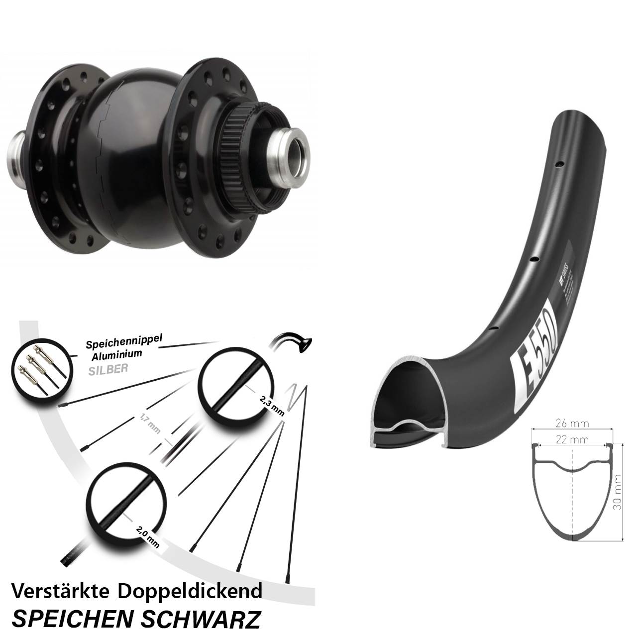 Nabendynamovorderrad SON 28 Zoll DT Swiss E550 12x110 Boost