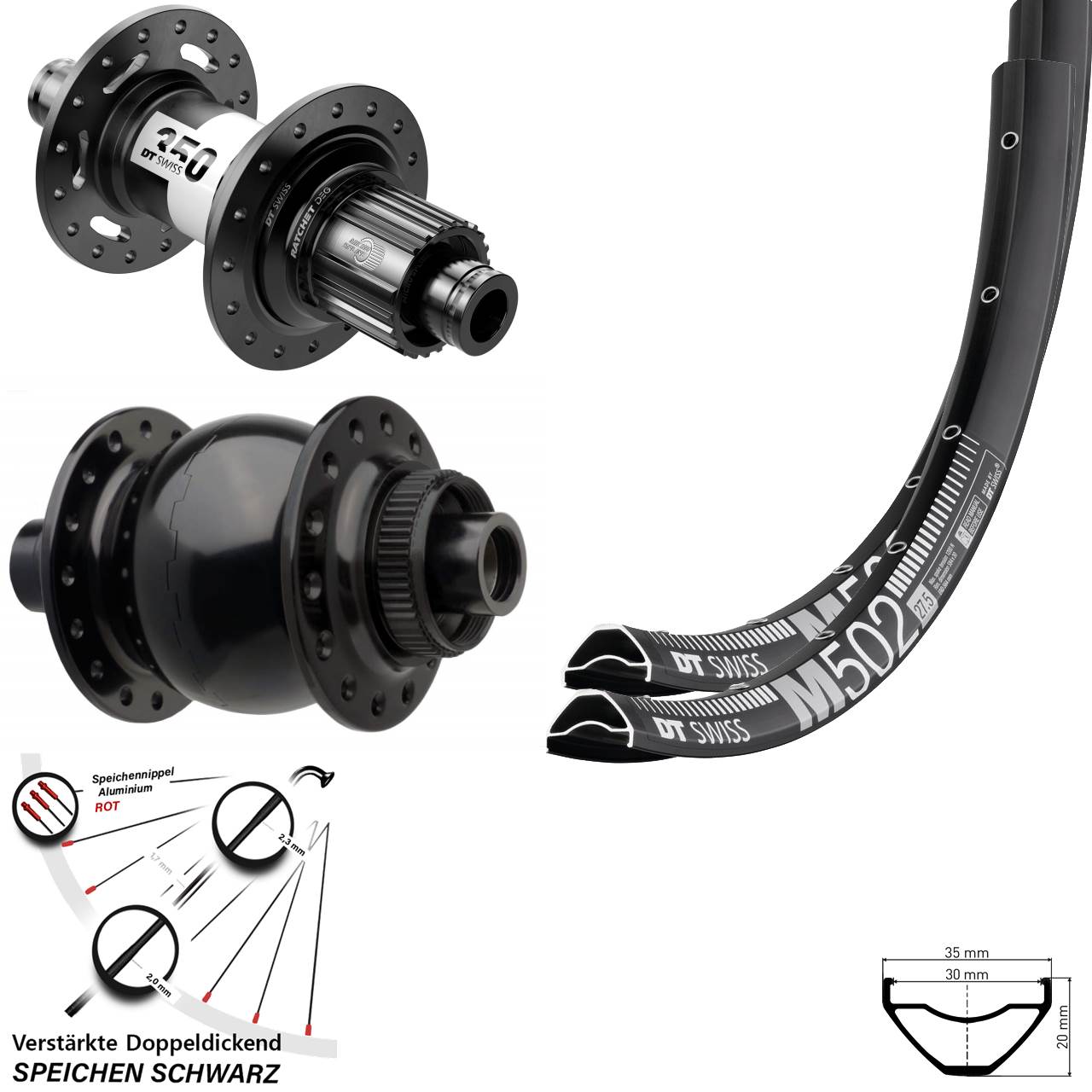 27,5 Zoll DT Swiss M502 350 DEG 72 SON 28 Disc Laufradsatz 15x110 12x148 Micro Spline