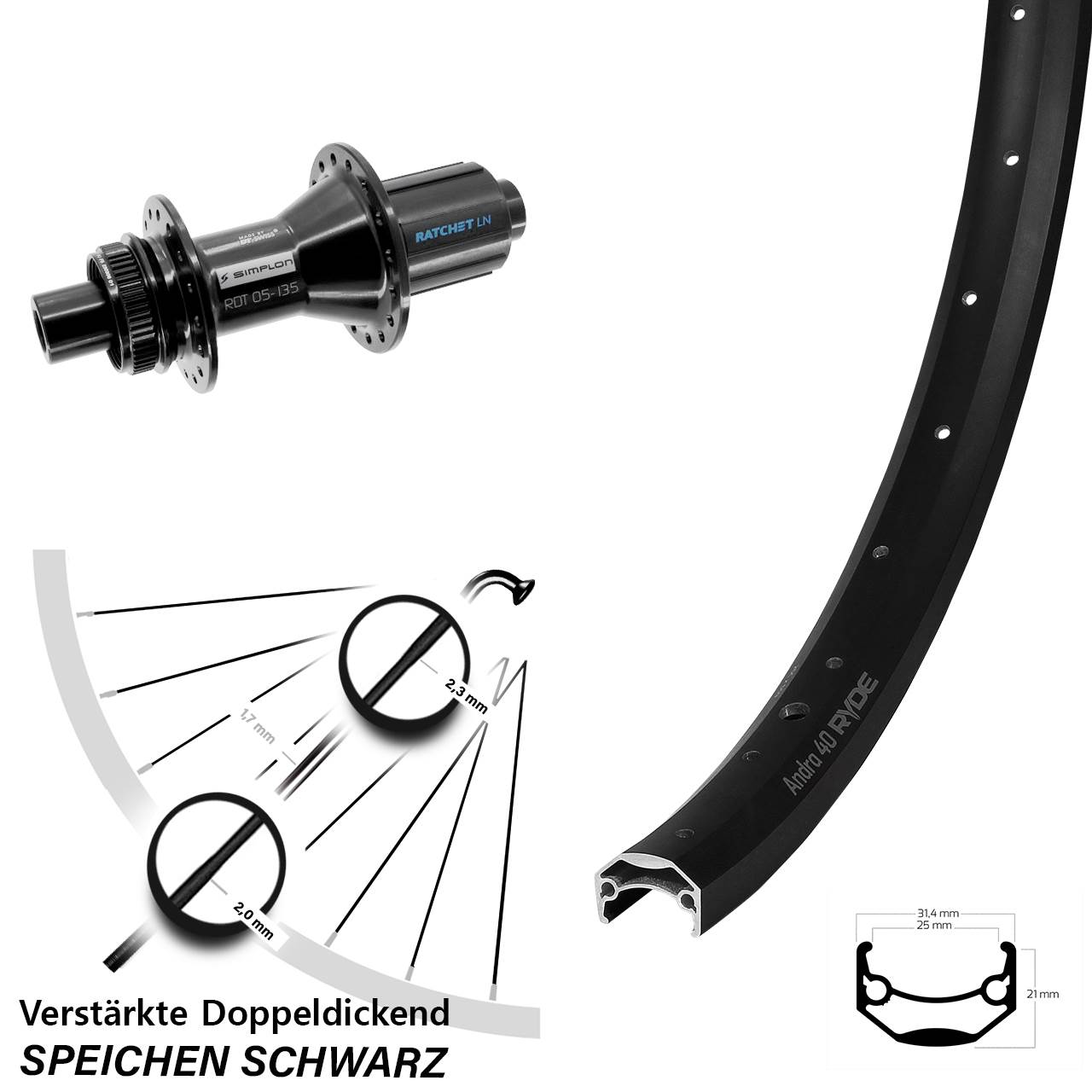 Centerlock Hinterrad 12x142 26 Zoll Ryde Andra 40 Disc DT Swiss 370 Hybrid 8-11 fach