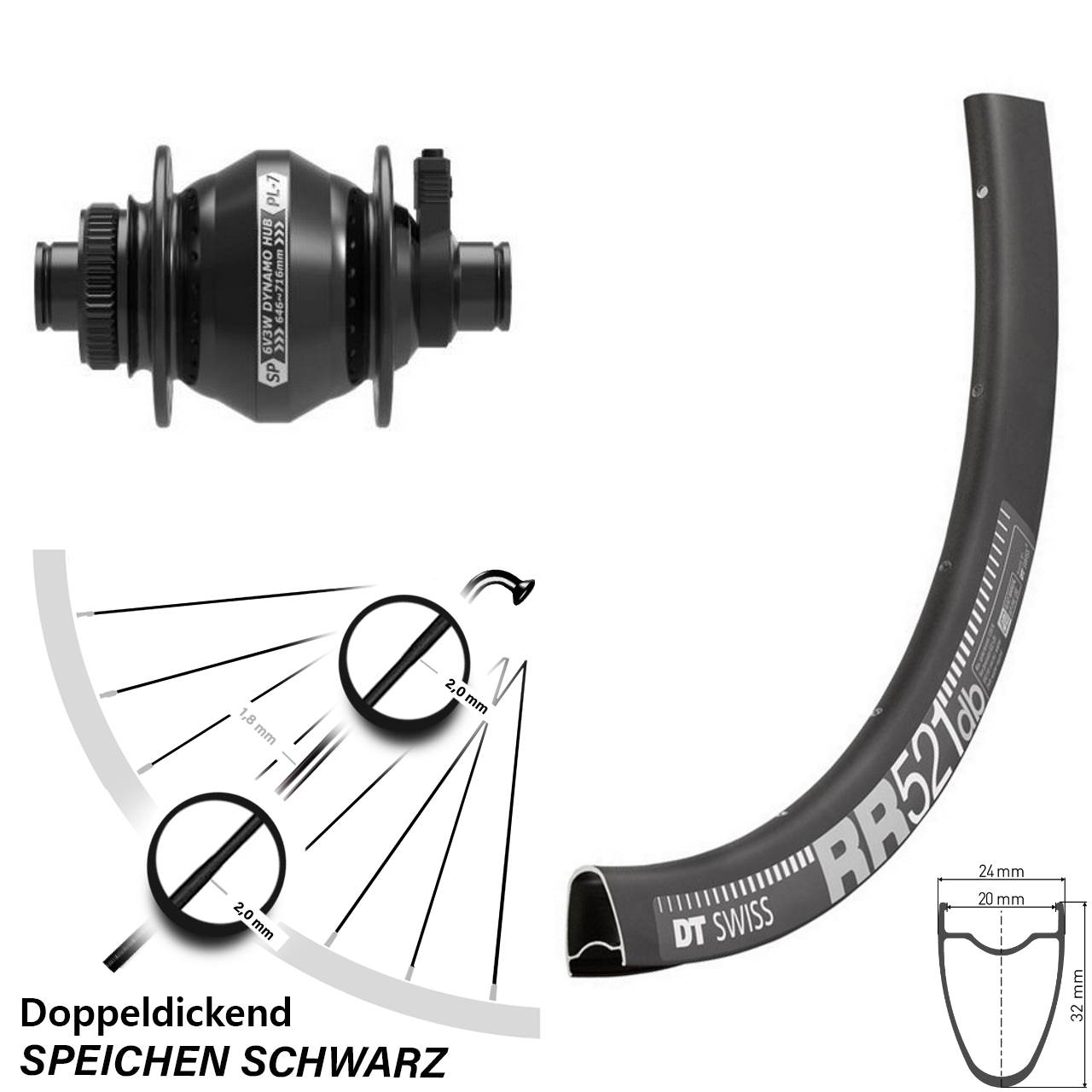 Disc Nabendynamovorderrad 28 Zoll DT Swiss RR 521 Shutter PL-7 12x100