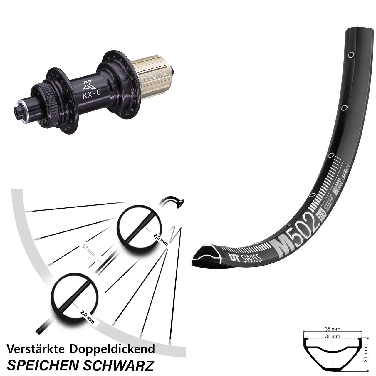 Disc Hinterrad 27,5 Zoll DT Swiss M 502 KX-G 8-12 fach HG QR