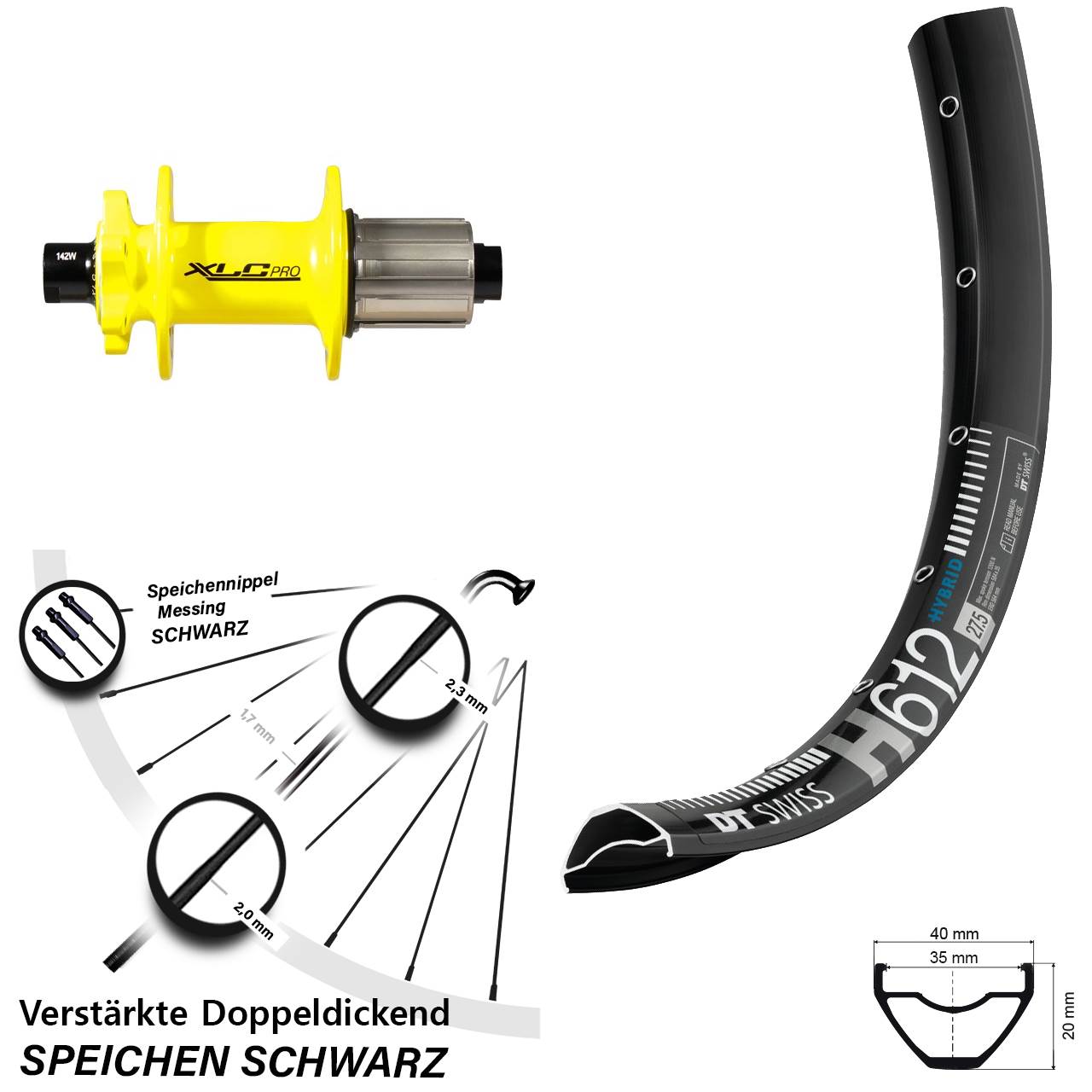 Hinterrad 6-Loch 27,5 Zoll DT Swiss H 612 XLC gelb 8-11 fach 12x142