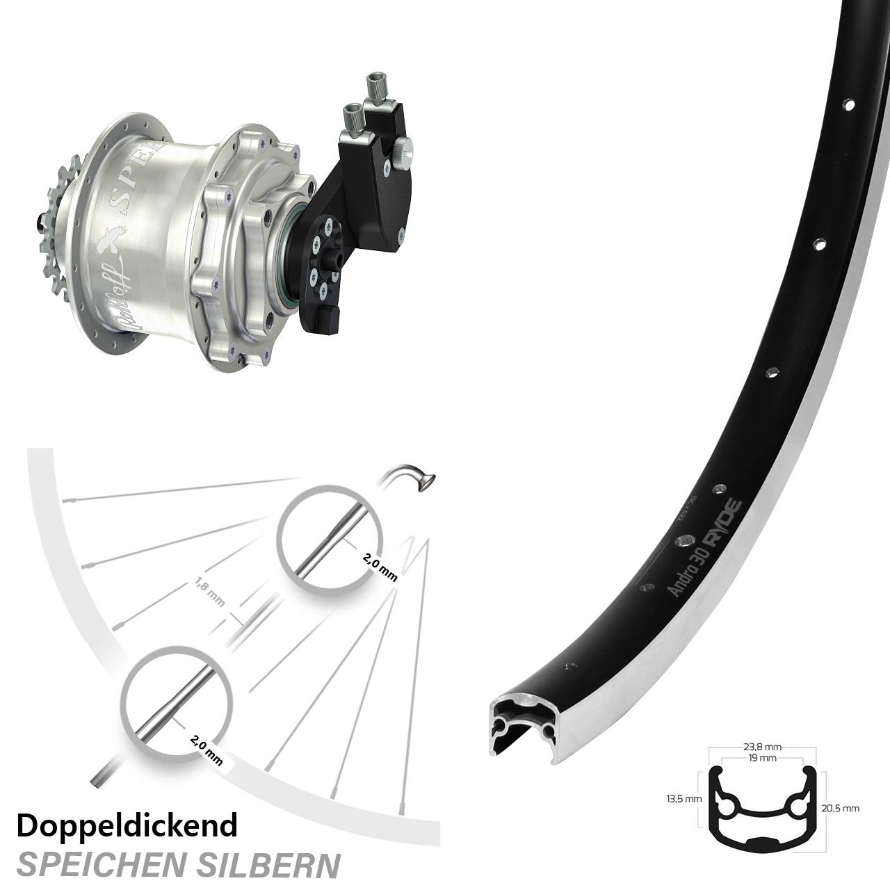 Rohloff Speedhub CC OEM DB Ryde Andra 30 Hinteres Rad 26 Zoll