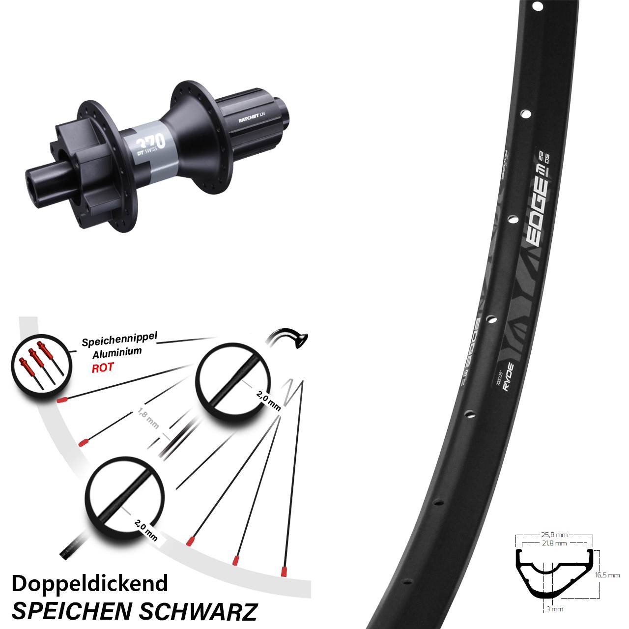 DT Swiss 370 Steckachse 12x142 29 Zoll Hinterrad 6-Loch Ryde Edge M22-622 ETRTO 8-11 fach