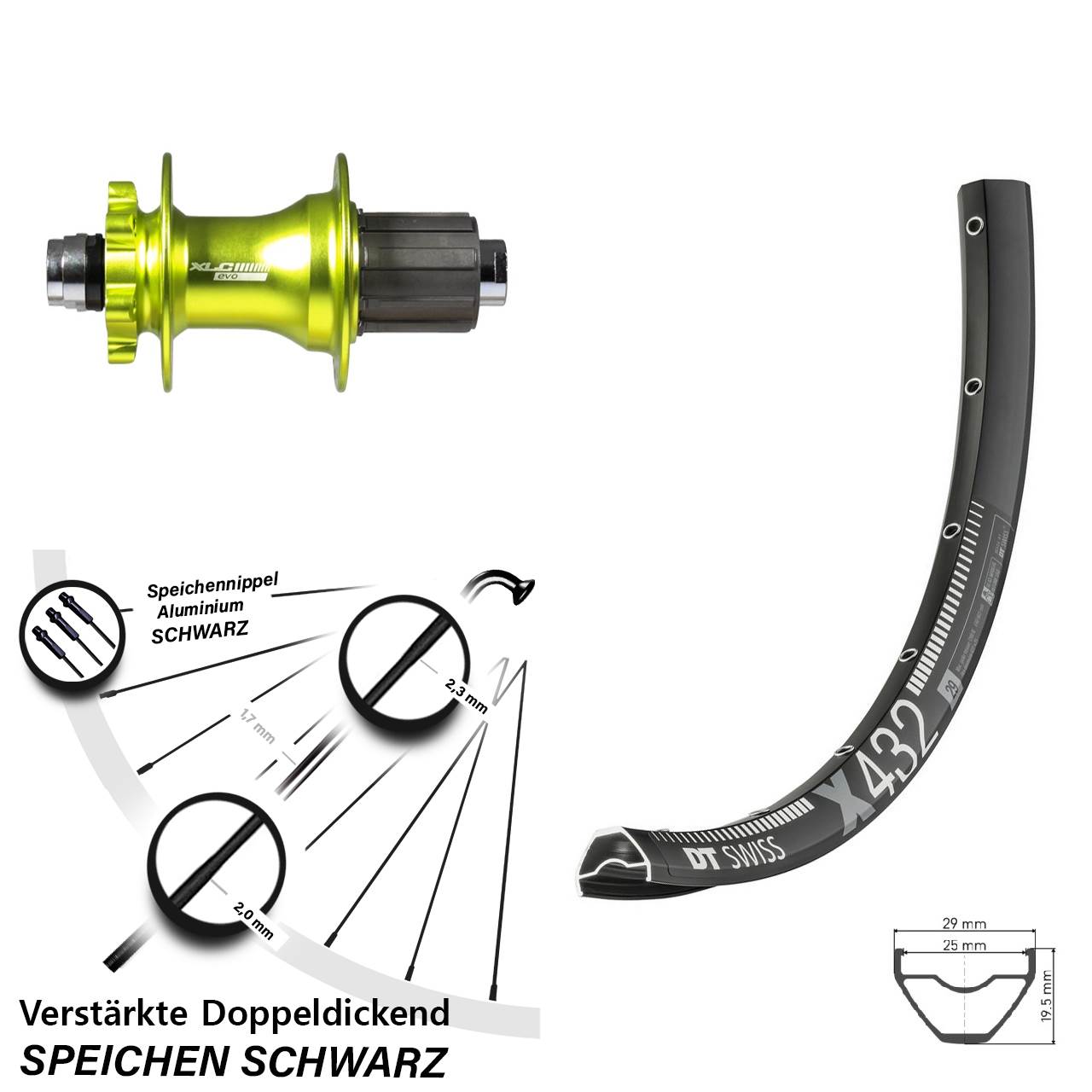 Disc Laufrad 29 Zoll DT Swiss X432 XLC grün 8-11 fach HG 12x142