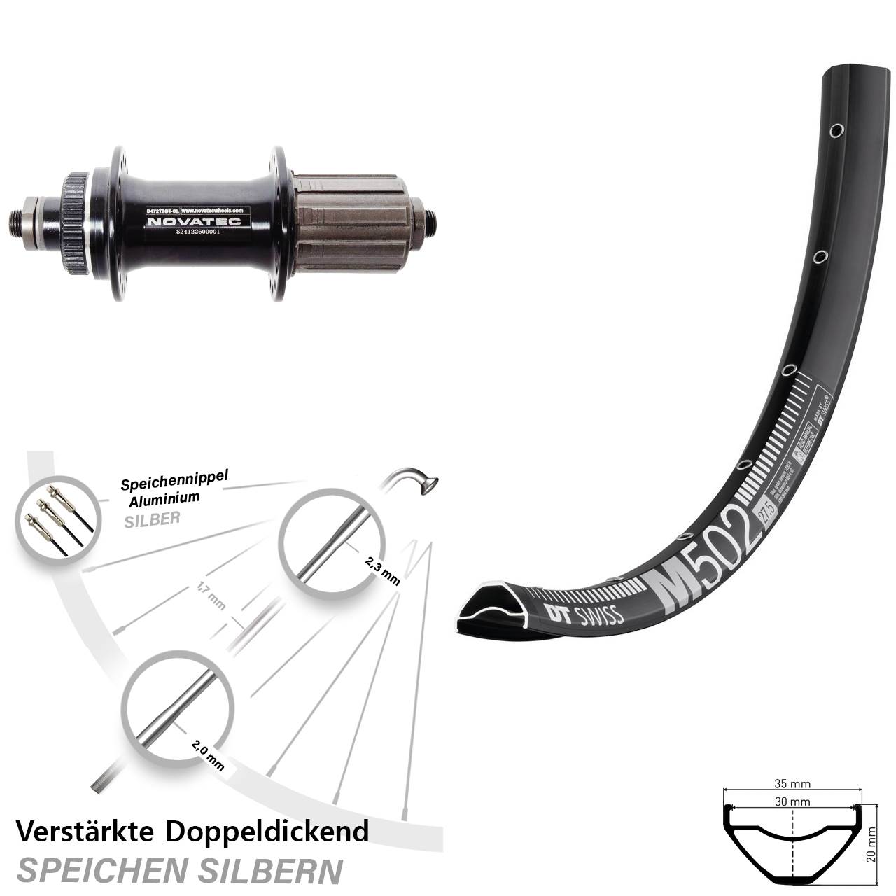 29 Zoll DT Swiss M 502 Novatec D472 Hinterrad Centerlock QR 8-12 fach HG