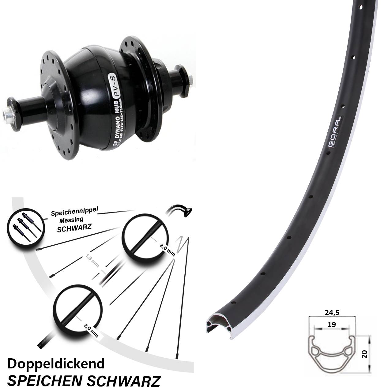 Nabendynamovorderrad 26 Zoll Gora 19 Shutter PV-8 QR schwarz