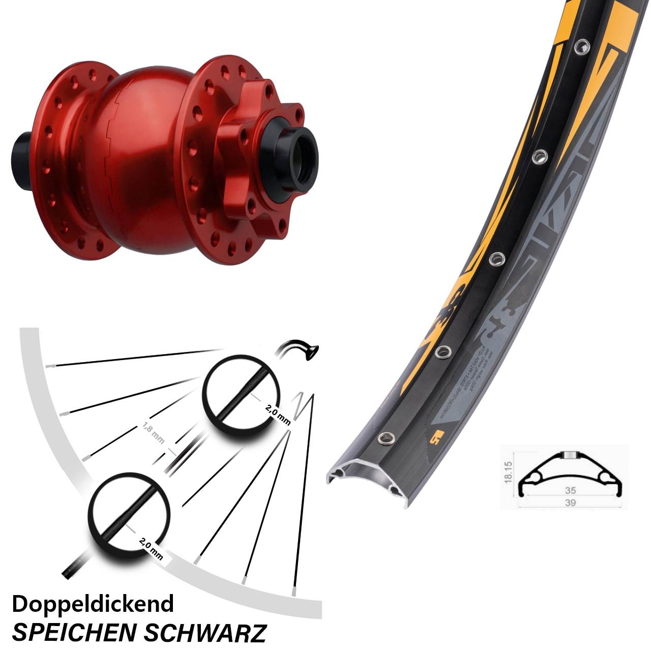 SON 28 rot Rodi TRYP 35 27,5 Zoll Vorderrad mit Nabendynamo 6-Loch 15x110 Boost
