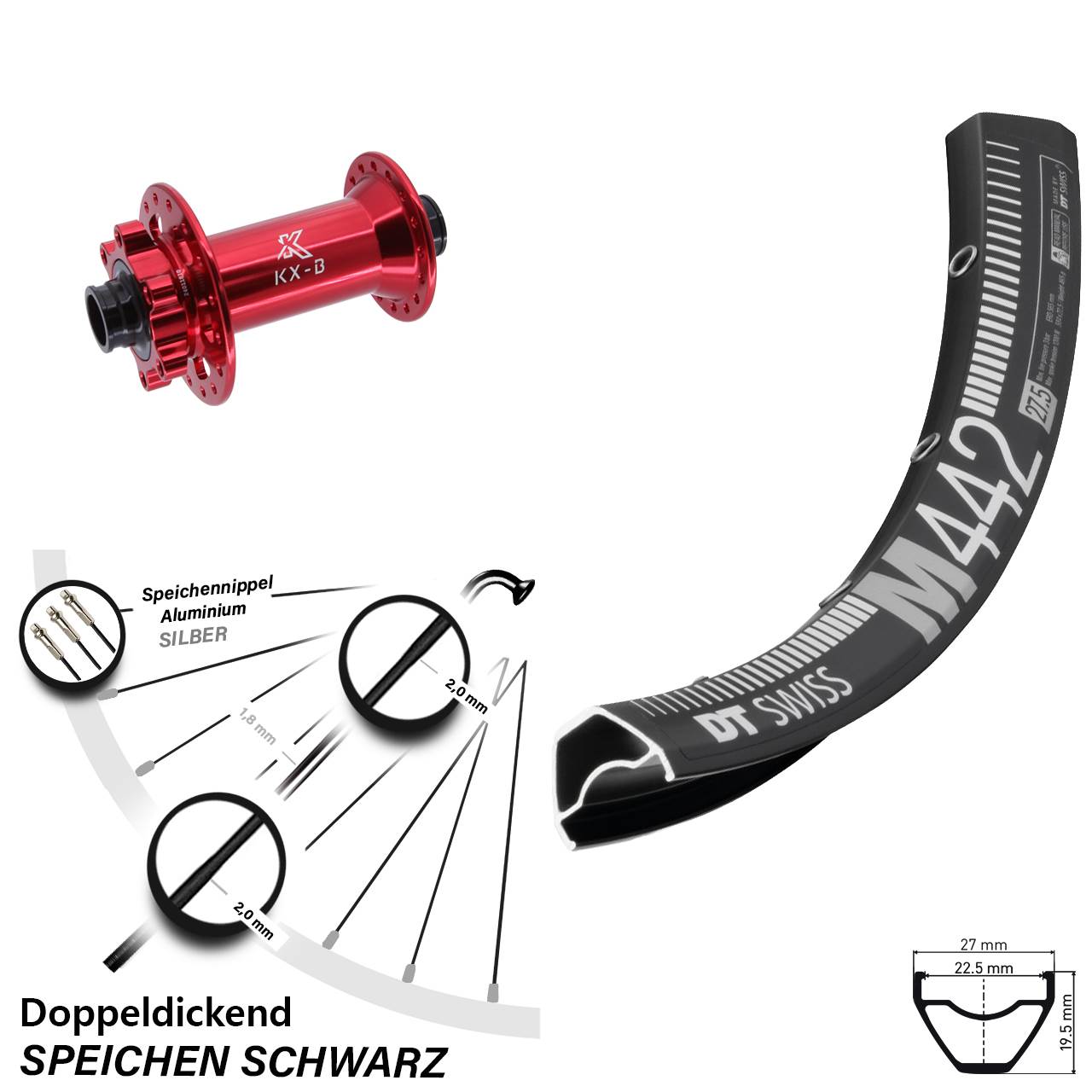 DT Swiss M442 KX-B rot 28-29 Zoll 6-Loch Vorderrad 15x110 Boost