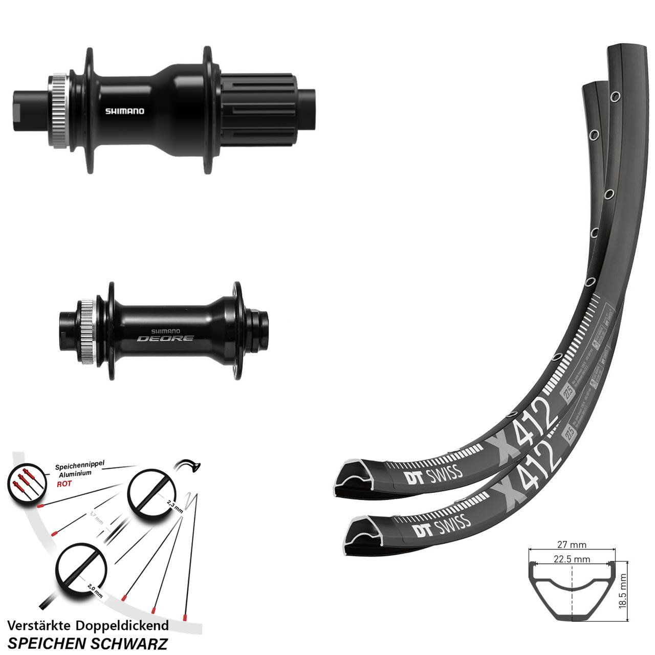 29 Zoll DT Swiss X 412 Shimano FH-TC500 Boost HB-M6010-B Disc Laufrad-Satz 15x110 12x1