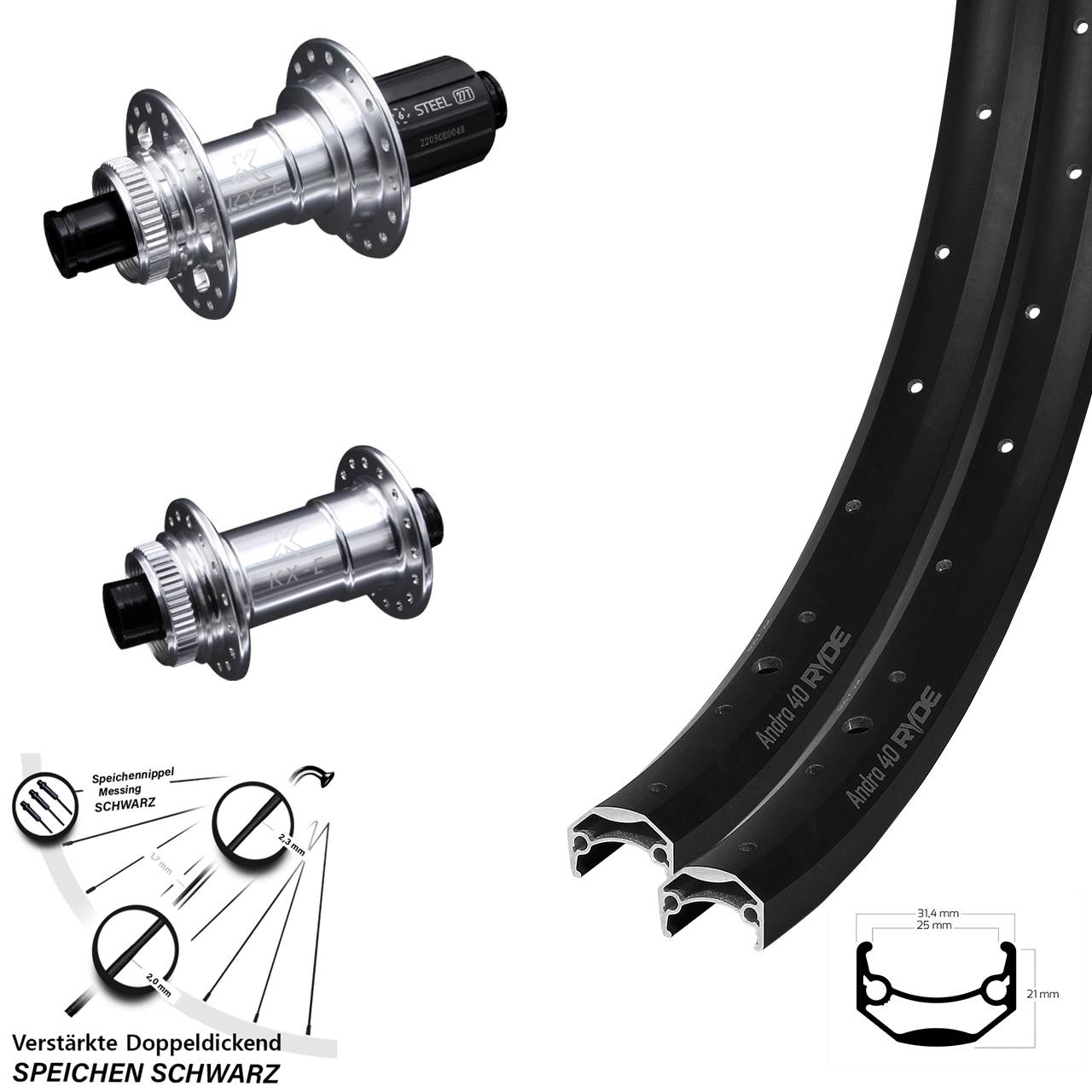 Laufradsatz Disc 15x100 12x142 26 Zoll Ryde Andra 40 KX-E Heavy Duty 8-12 fach HG