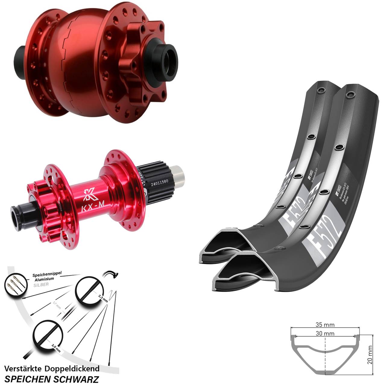 Disc Laufradsatz 15x100 12x142 29 Zoll DT Swiss F572 KX-M rot SON 28 Shimano Micro Spline