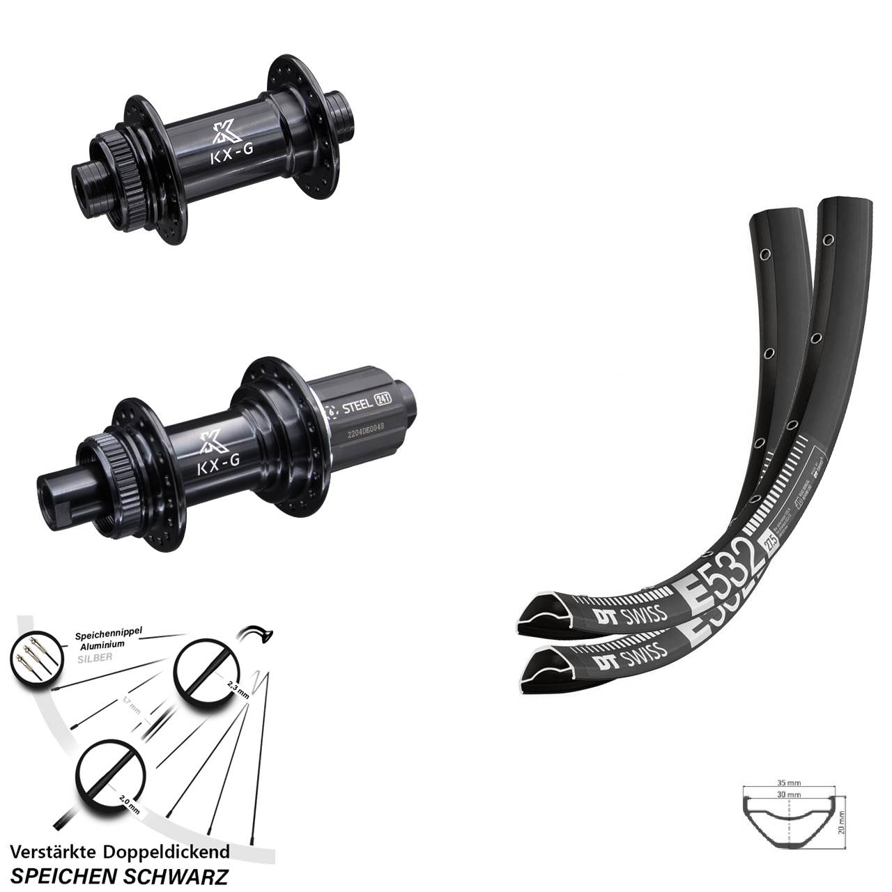 Laufrad-Satz 15x100 12x142 29 Zoll DT Swiss E 532 KX-GS verstärkt 8-12 fach HG