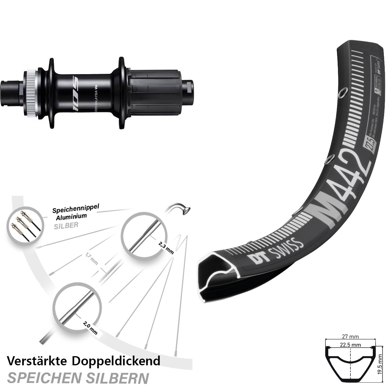 Hinterrad Centerlock 12x142 29 Zoll DT Swiss M442 Shimano 105 8-12 fach HG