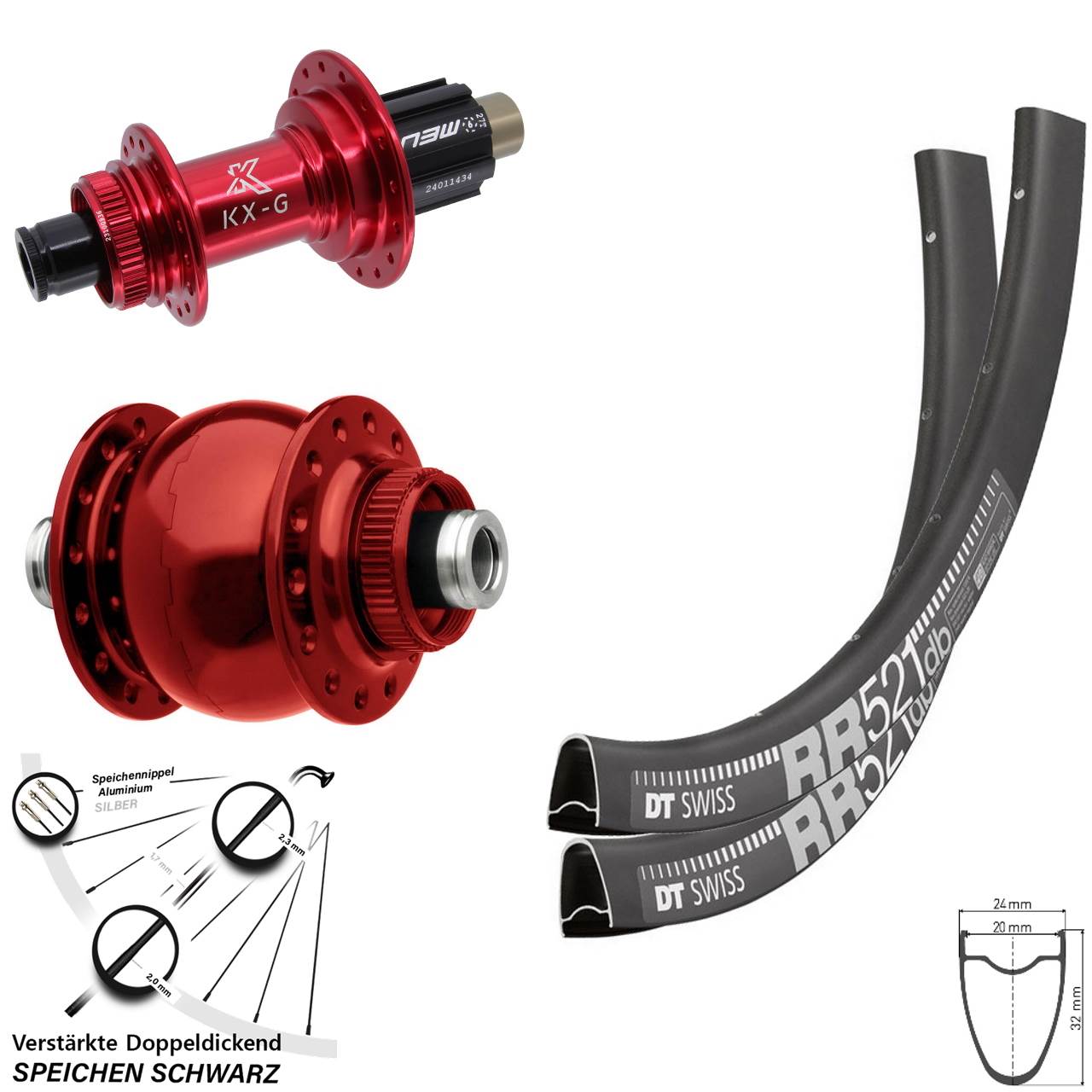 DT Swiss RR521 KX-G rot SON 28 Zoll Disc Laufradsatz 12x100/142 Campa N3W