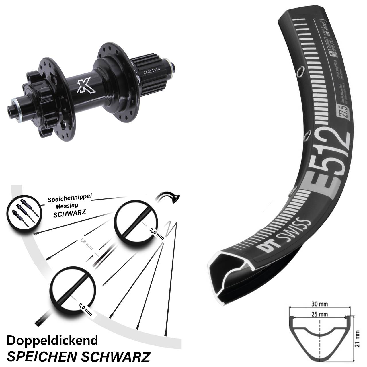 Hinterrad 6-Loch 29 Zoll DT Swiss E 512 KX-M Micro Spline für Schnellspanner