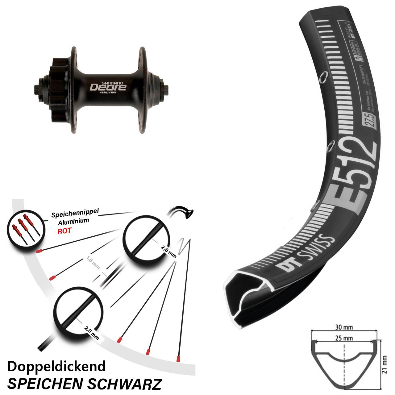 650B DT Swiss E512 Shimano Deore Vorderrad 6-Loch für Schnellspanner