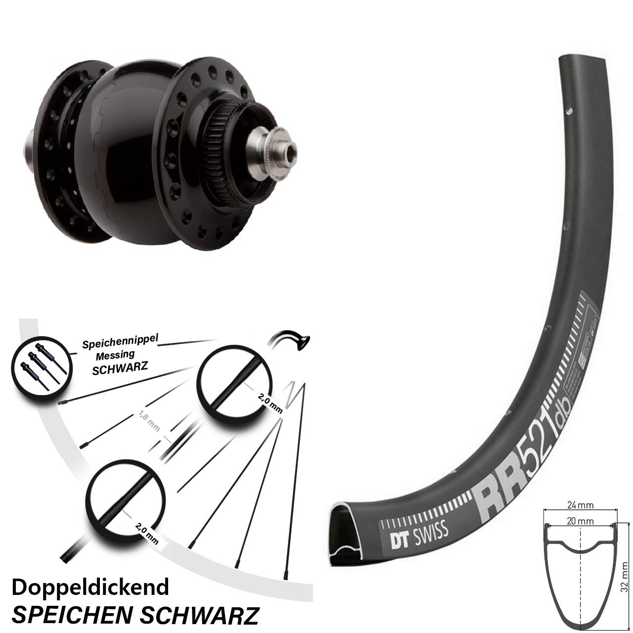 28 Zoll DT Swiss RR 521 DB Vorderrad mit Nabendynamo SON delux