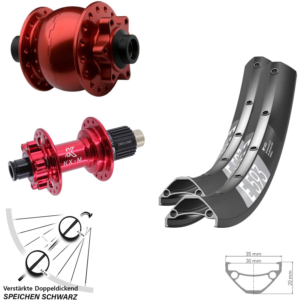 29 Zoll DT Swiss E593 KX-M rot SON 28 Disc Laufradsatz 15x100 12x142 Shimano Micro Spline