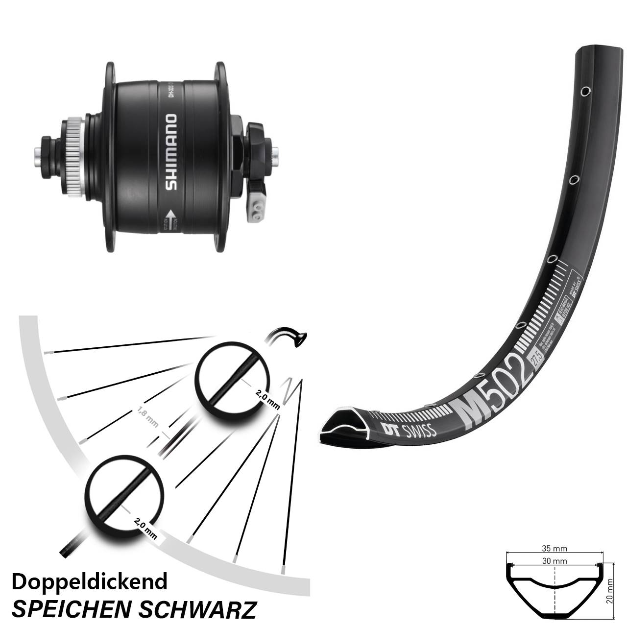 Nabendynamovorderrad Centerlock QR 27,5 Zoll DT Swiss M502 Shimano DH-3D37