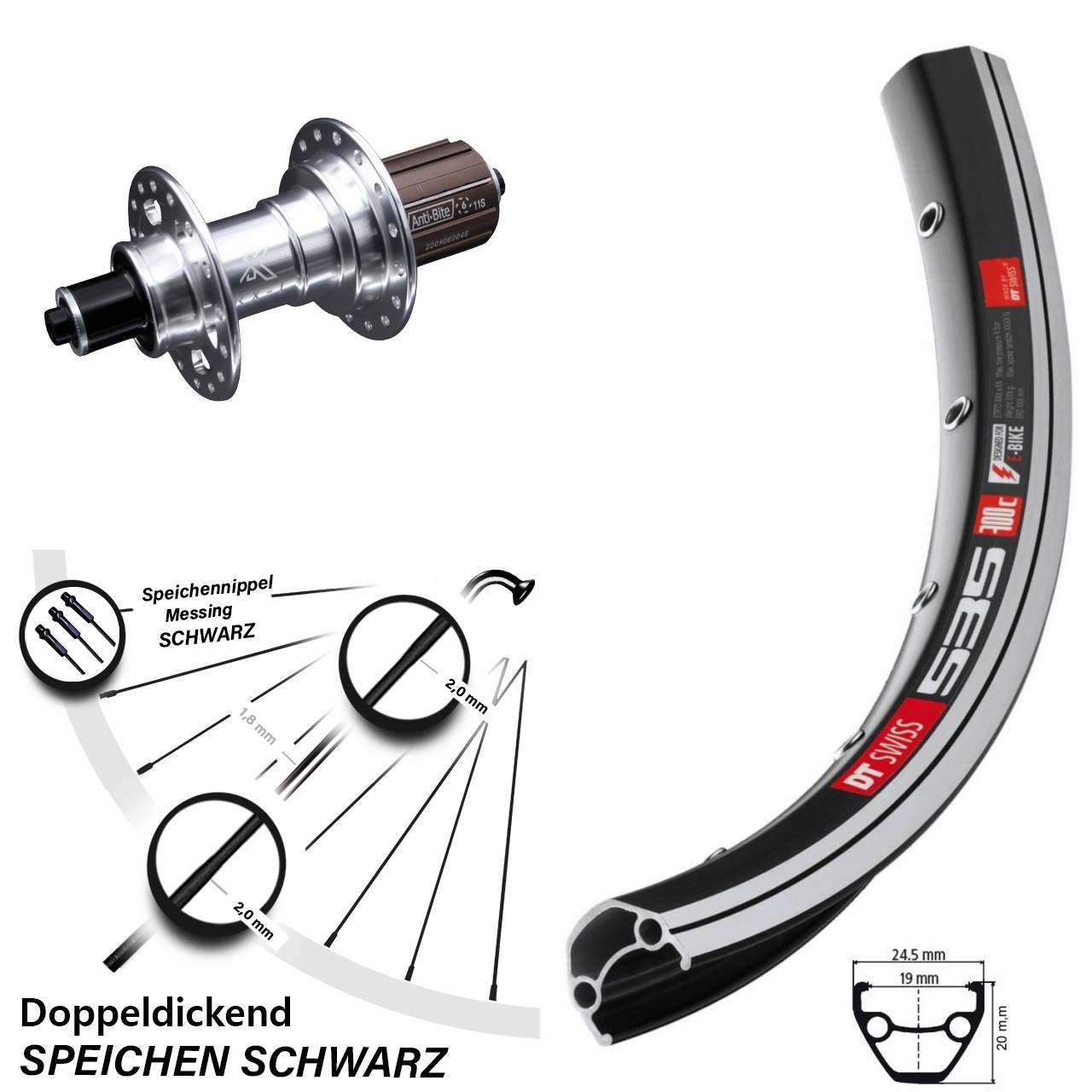 Hinterrad 28 Zoll DT Swiss 535 Felgenbremse silbern KX-T Hinterradnabe 6 Kugellager 8-12 fach