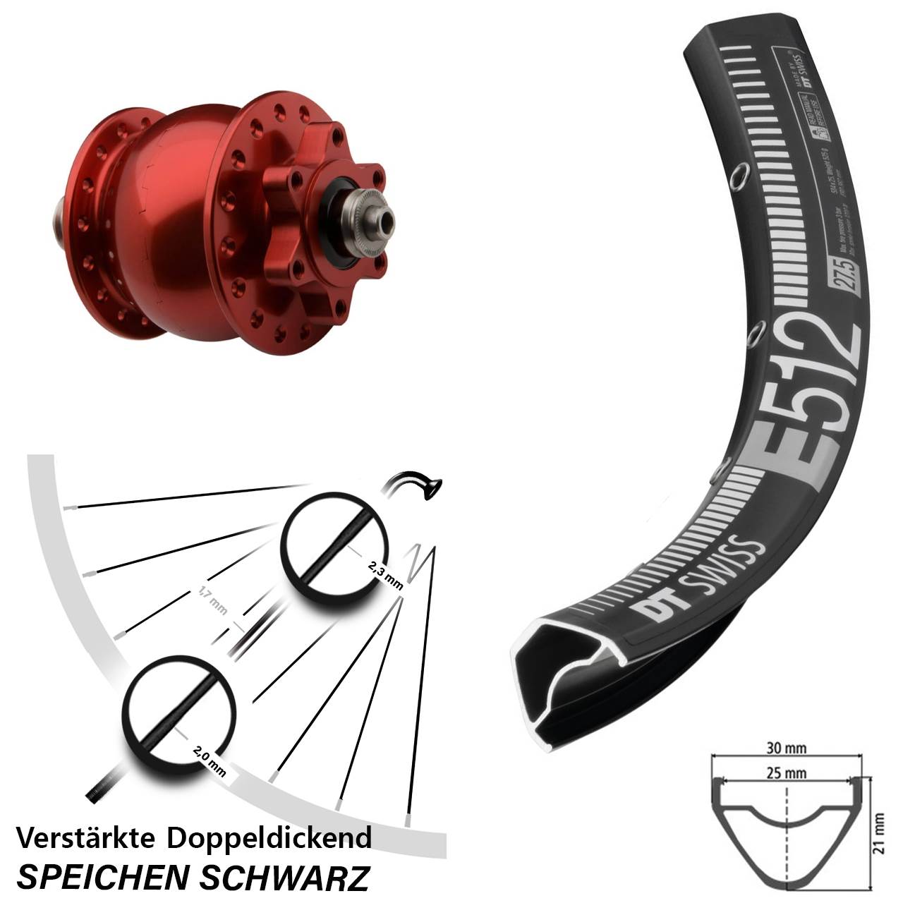 Disc Vorderrad mit Nabendynamo 27,5 Zoll DT Swiss E 512 SON 28 rot QR
