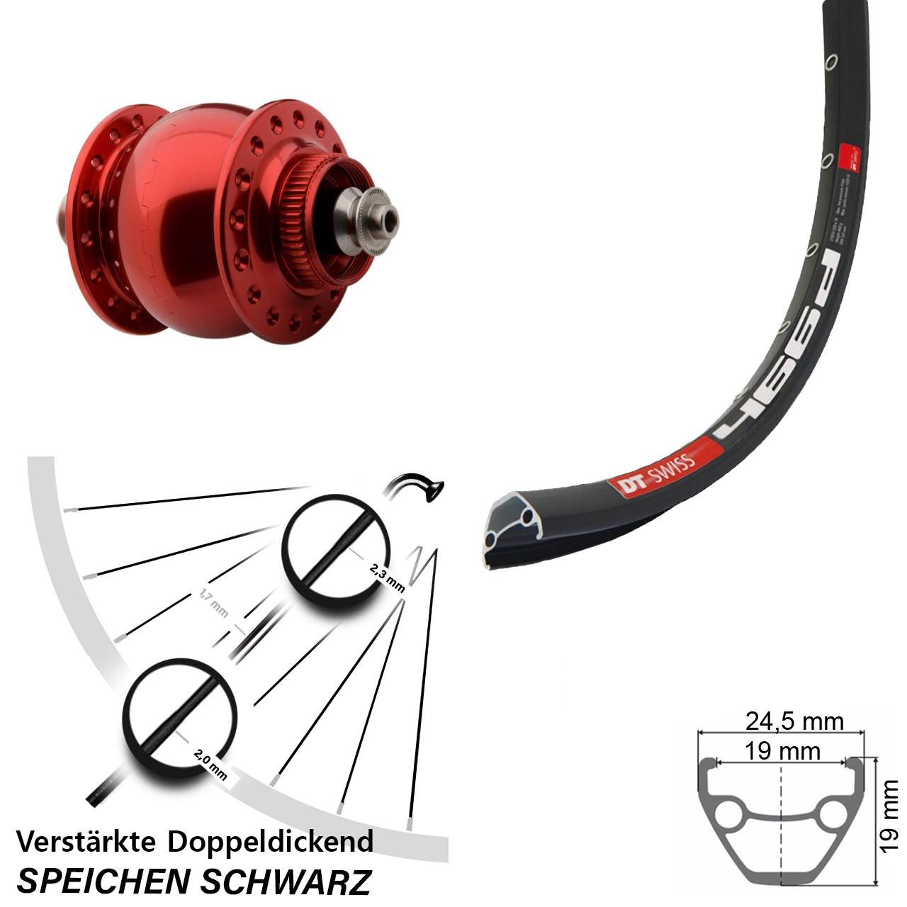 Centerlock Dynamo-Vorderrad für Schnellspanner 29 Zoll DT Swiss 466d SON 28 rot