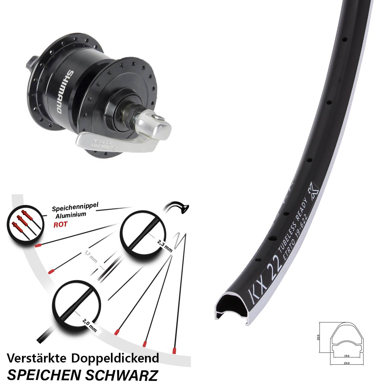 KX 22 Shimano DH-3N72 28 Zoll Vorderrad mit Nabendynamo für Schnellspanner