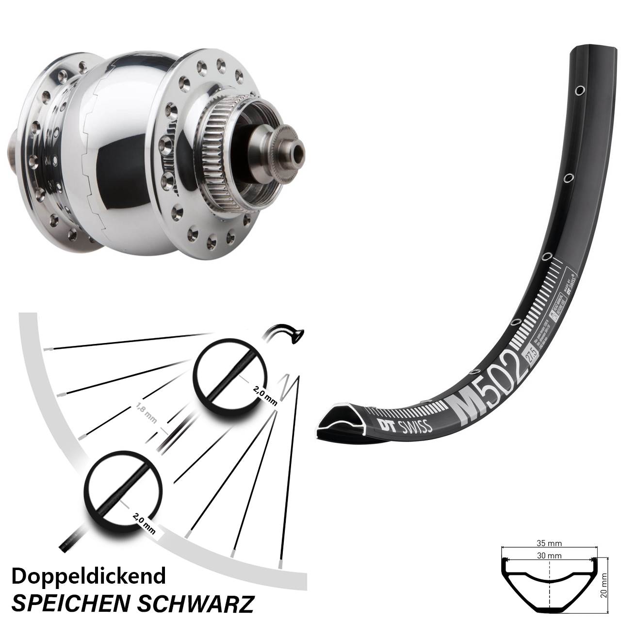 SONdelux DT Swiss M 502 29 Zoll Centerlock Dynamovorderrad für Schnellspanner