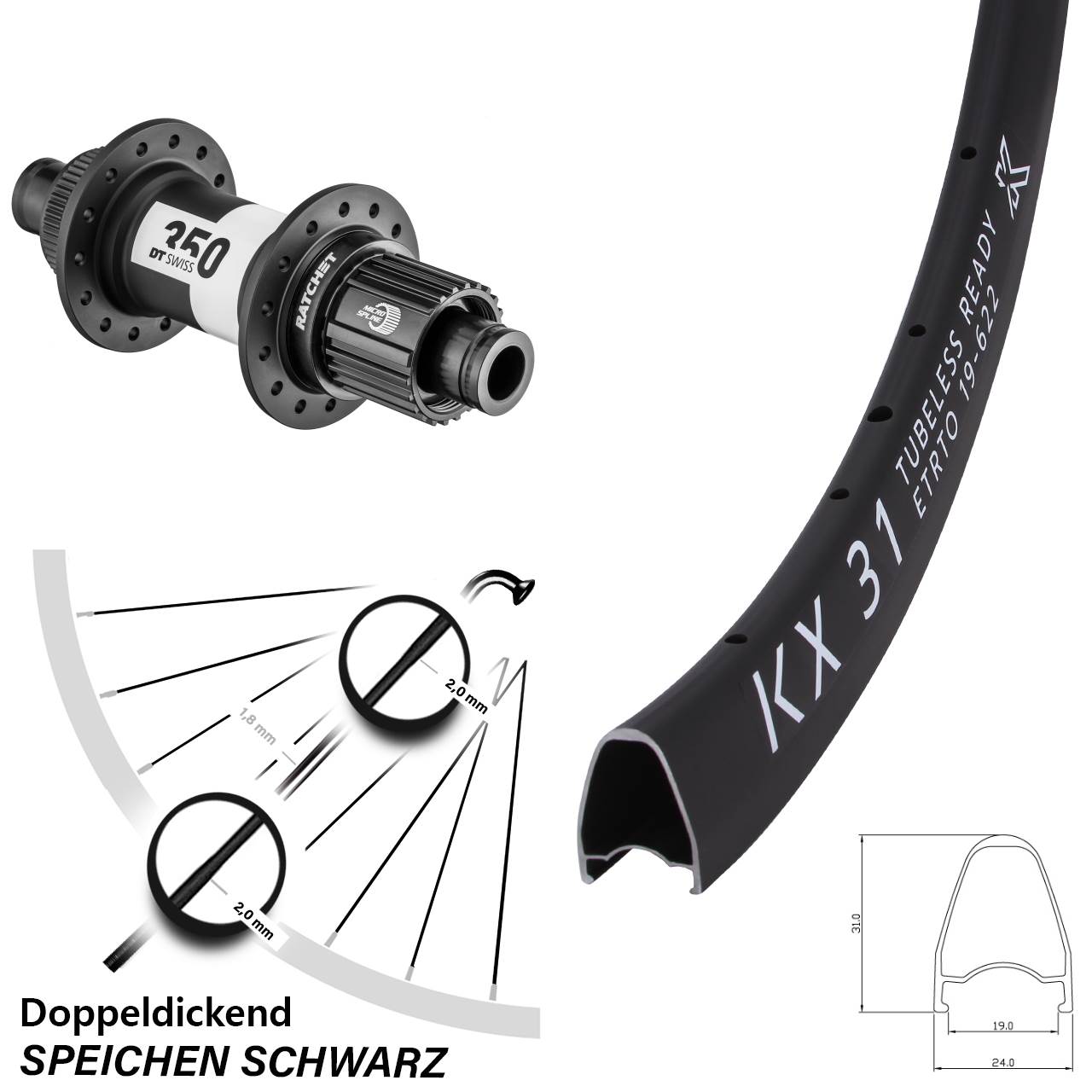 28 Zoll KX 31 DT Swiss 350 Disc Laufrad 12x142 Shimano Micro Spline