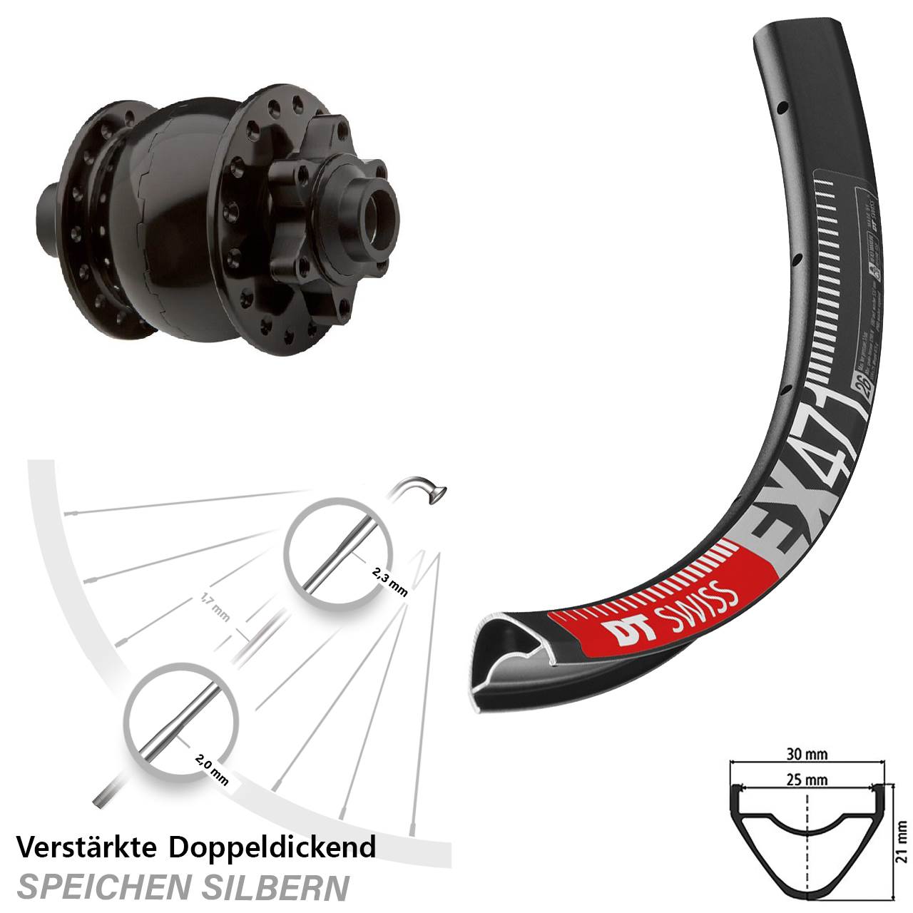 29 Zoll Nabendynamovorderrad 6-Loch 15x100 DT Swiss EX 471 SON 28