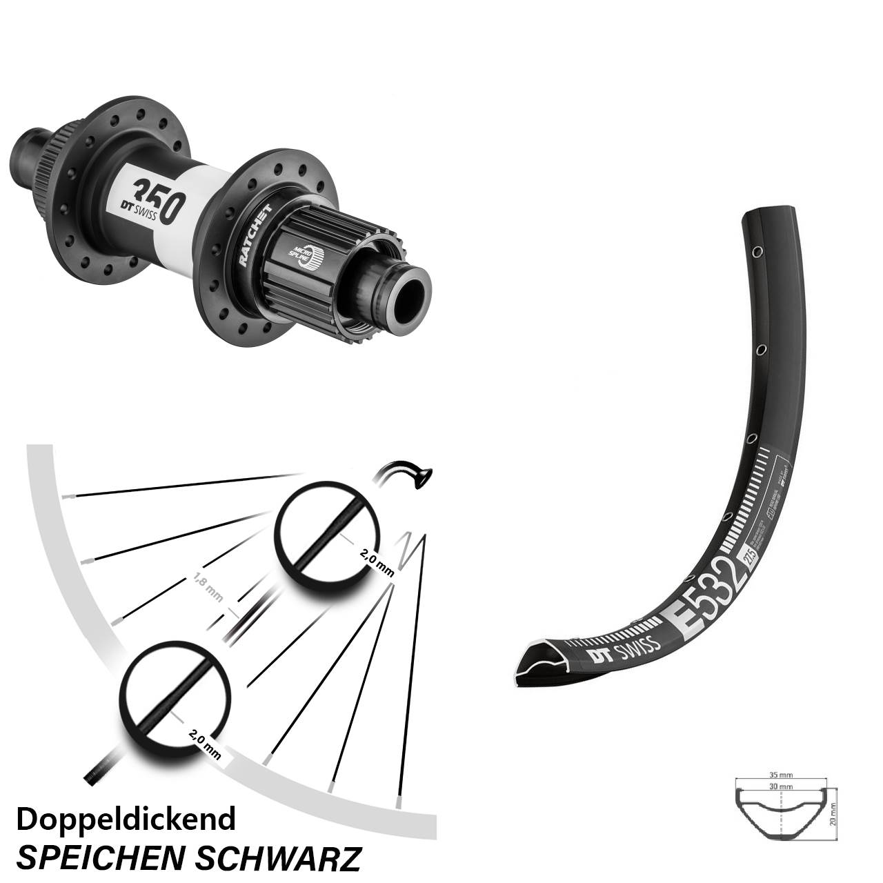 DT Swiss E 532 Hinterrad 27,5 Zoll mit 350 Hinterradnabe Centerlock Micro Spline