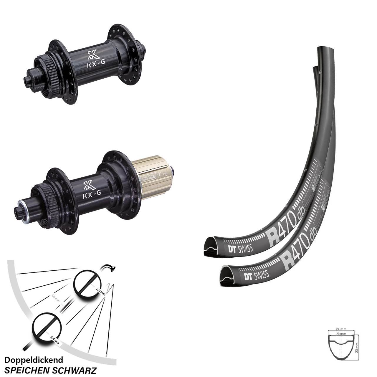 28 Zoll Laufradsatz Road Disc DT Swiss R470 mit Nabe KX-G QR Shimano 8-12 fach