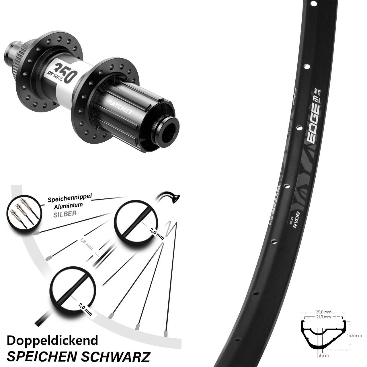 Disc Hinterrad 28-29 Zoll Ryde Edge M22 DT Swiss 350 8-11 fach 12x142