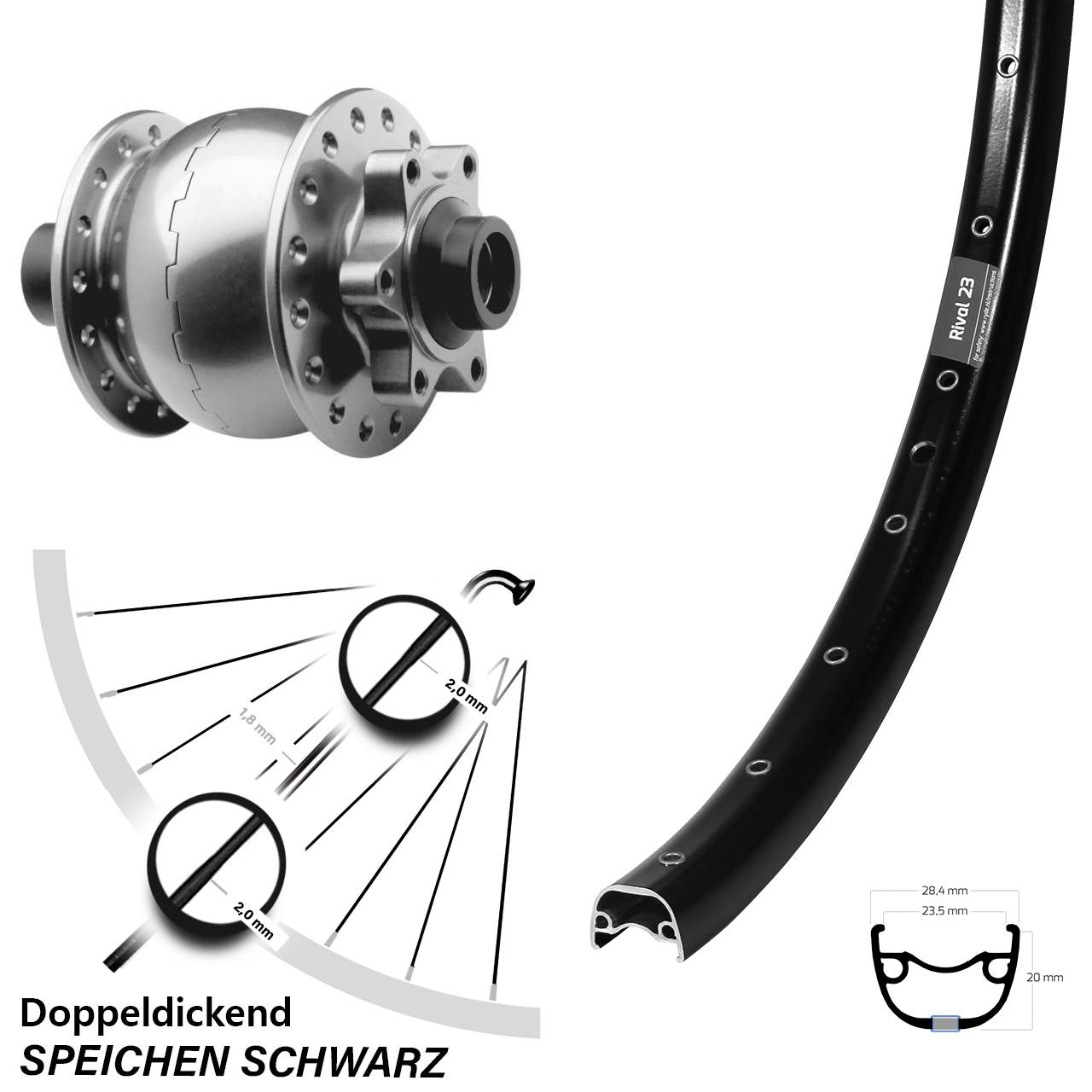 Disc Nabendynamolaufrad 15x100 27,5 Zoll Ryde Rival 23 SON 28