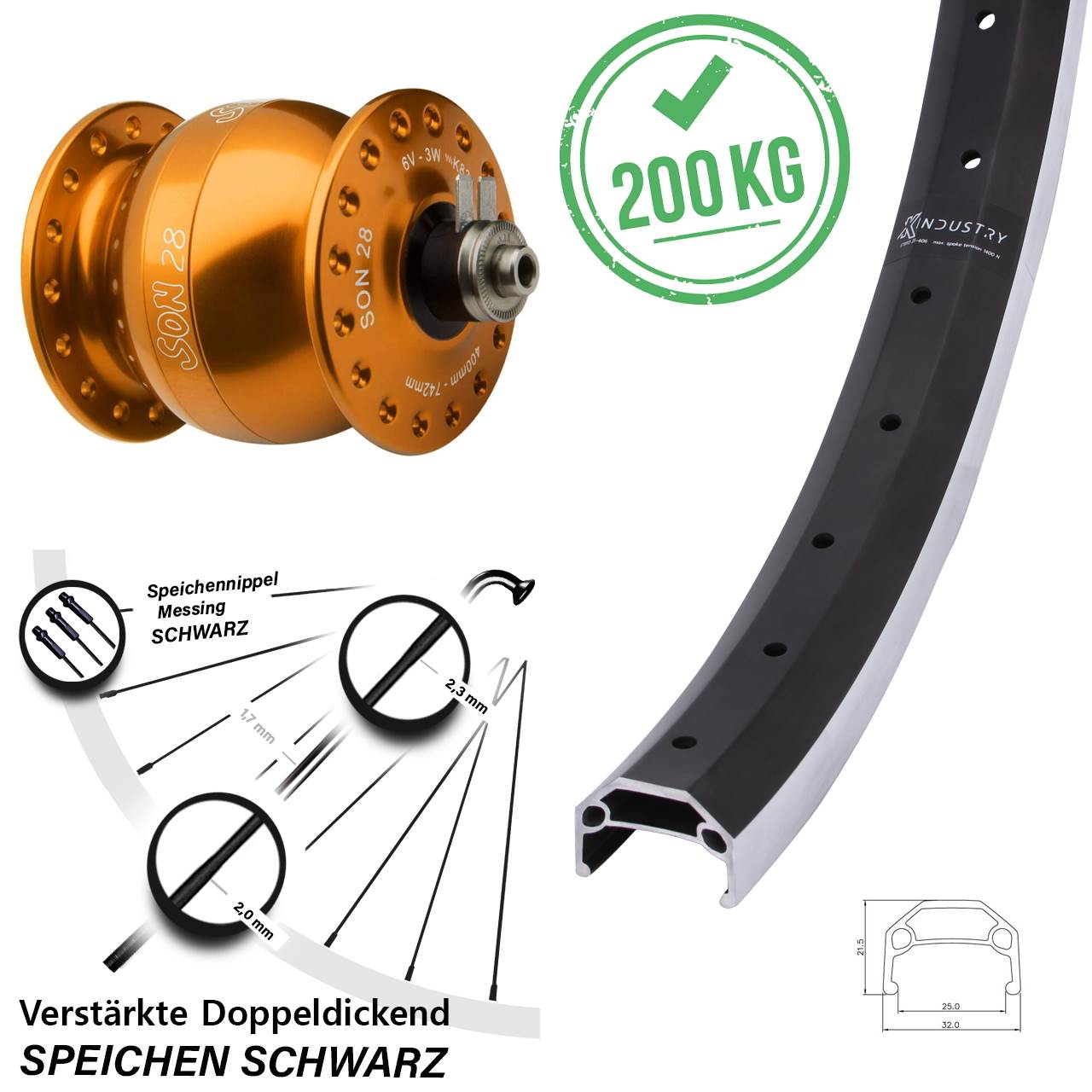 Nabendynamo-Vorderrad 26 Zoll KX Industry SON 28 orange für Schnellspanner