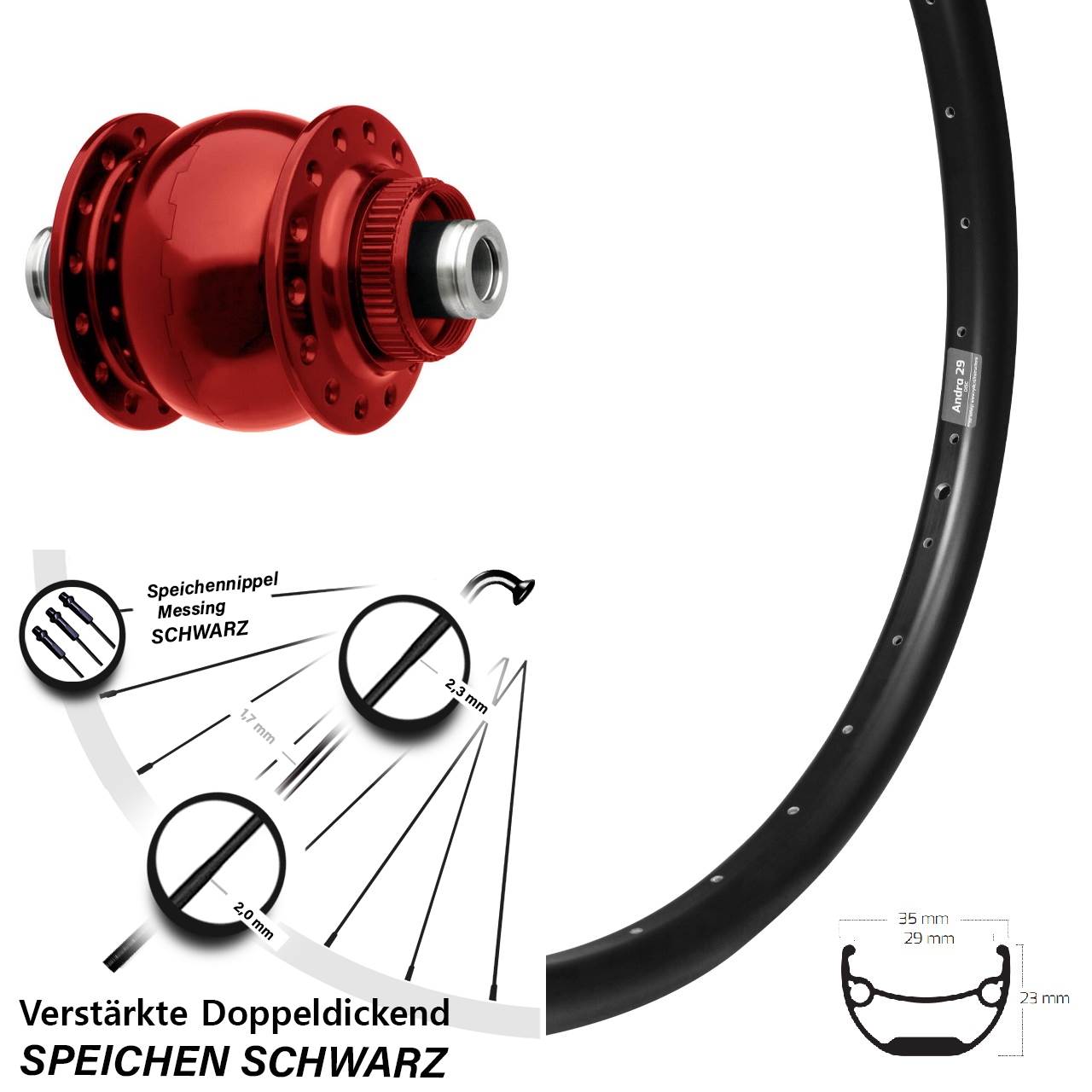 29 Zoll Ryde Andra 29 SON 28 rot Dynamo-Vorderrad Centerlock 12x100