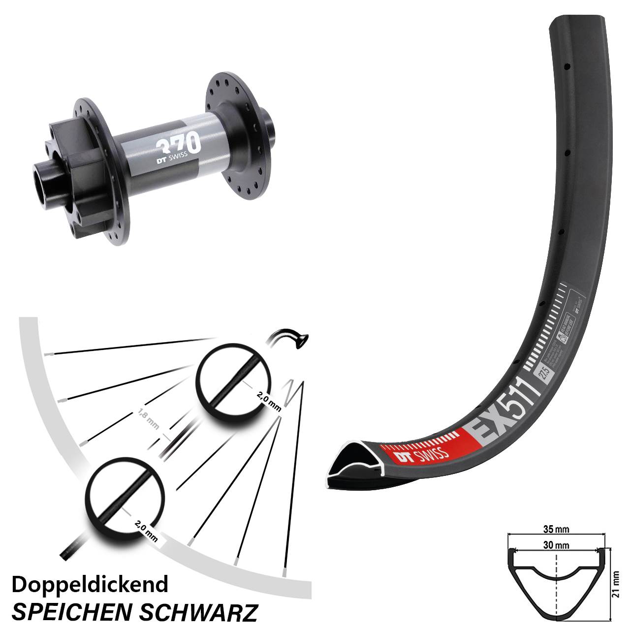 Boost Vorderrad 15x110 29 Zoll DT Swiss EX511-370 6-Loch