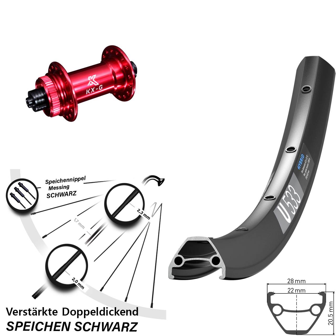 Disc Laufrad 26 Zoll DT Swiss U 533 KX-G rot QR