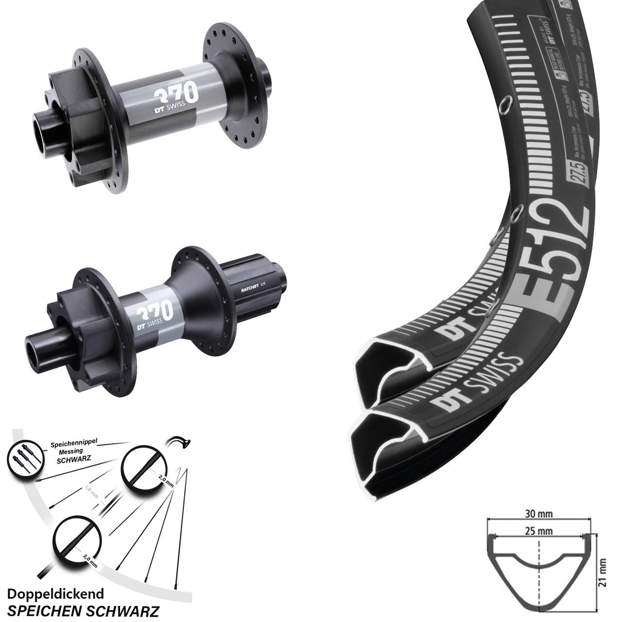 Laufradsatz 27,5 Zoll DT Swiss E512 Disc 6-Loch 12x148/15x110-370 HG