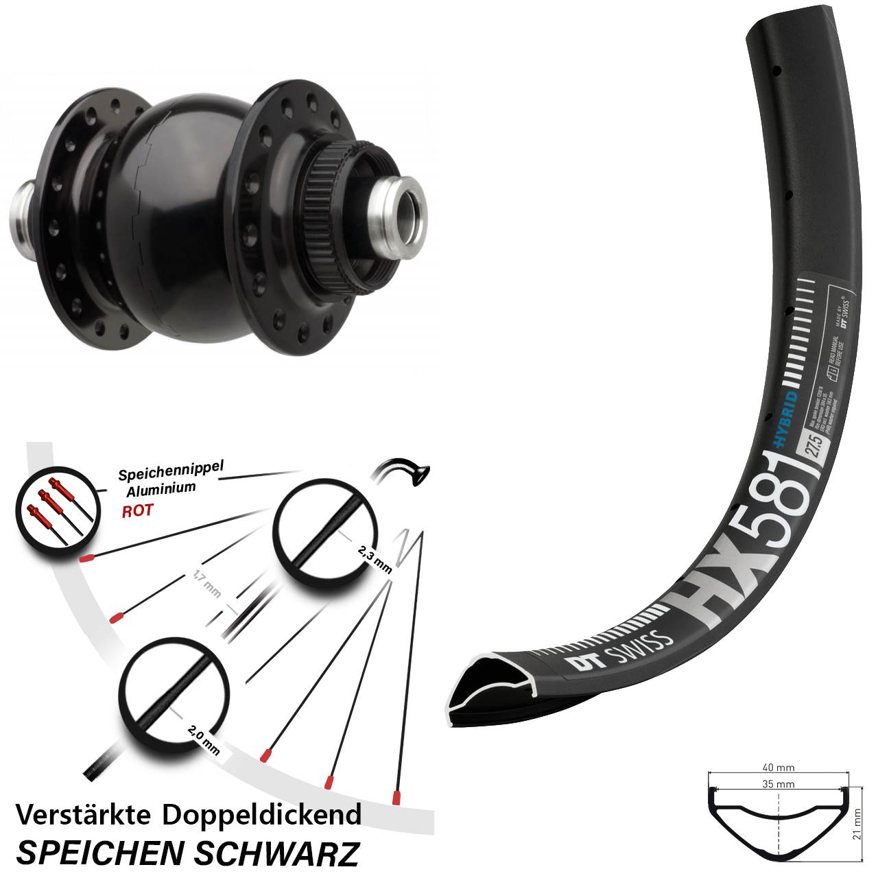 Centerlock Vorderrad mit Dynamo 27,5 Zoll DT Swiss HX581 SON 28 12x110 Boost