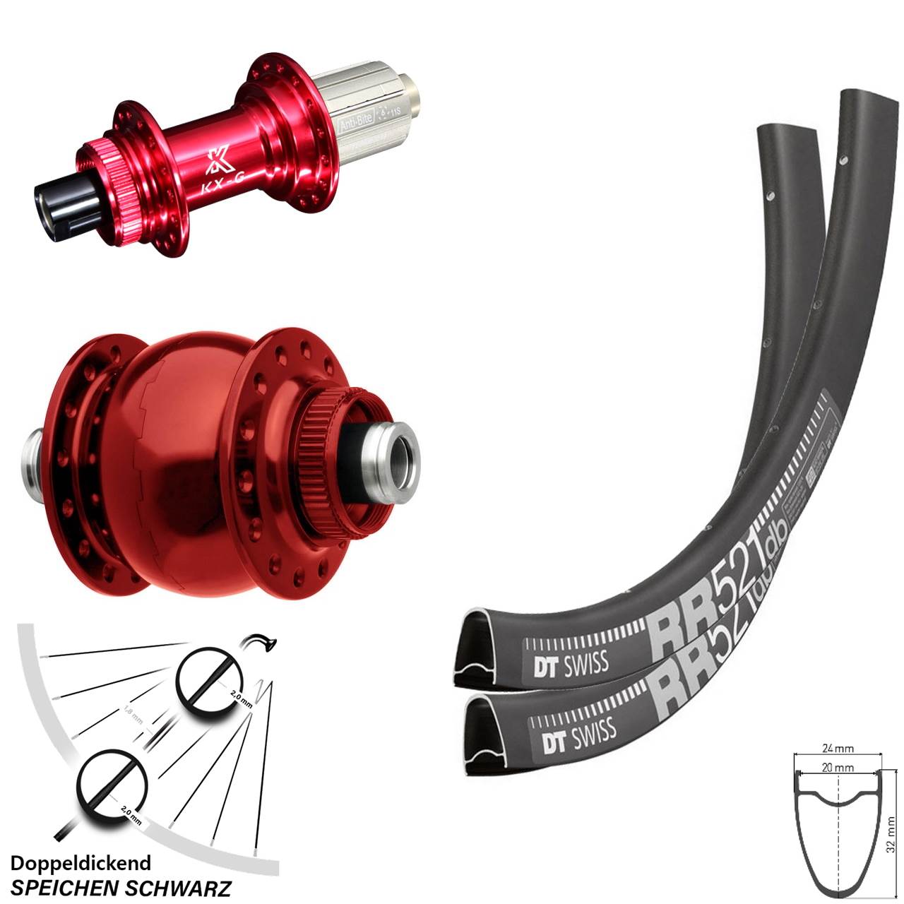 DT Swiss RR 521 KX-G rot SON 28 Zoll Centerlock Laufradsatz 12x100/142 8-12 fach